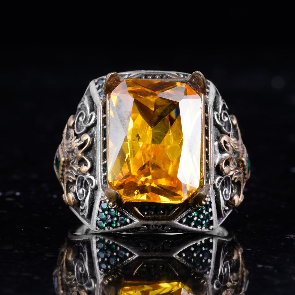 Silver Men's Ring - Artificial Citrine Stone - Vintage Design - Handmade Ring — 6