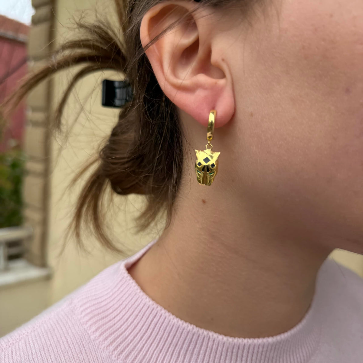 Gold Plated Silver Cat Earrings for Women – Cute Cat Face Hoop Dangle Earrings Minimalist Animal Jewelry — 2