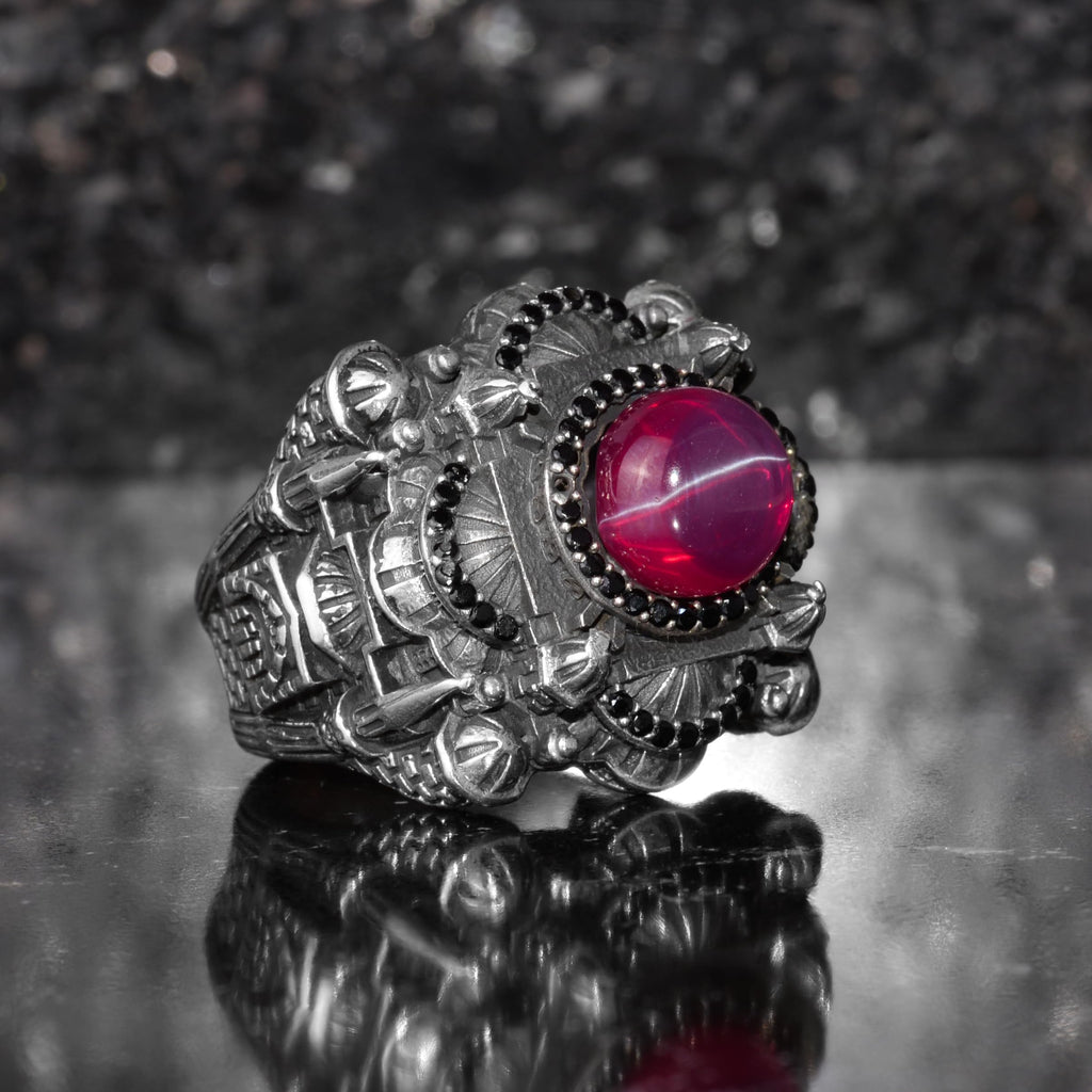KAMBO Large Natural Stone Men's Ring 925 Sterling Silver – Handmade Statement Ring Inspired by Islamic Mosque (Star Ruby) — 6