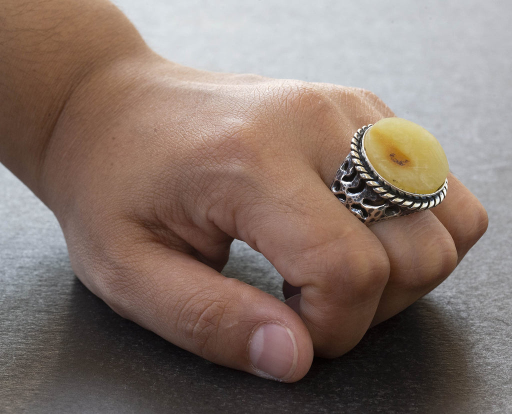Natural Baltic Amber Stone Ring - 925 Sterling Silver Men's Ring — 7