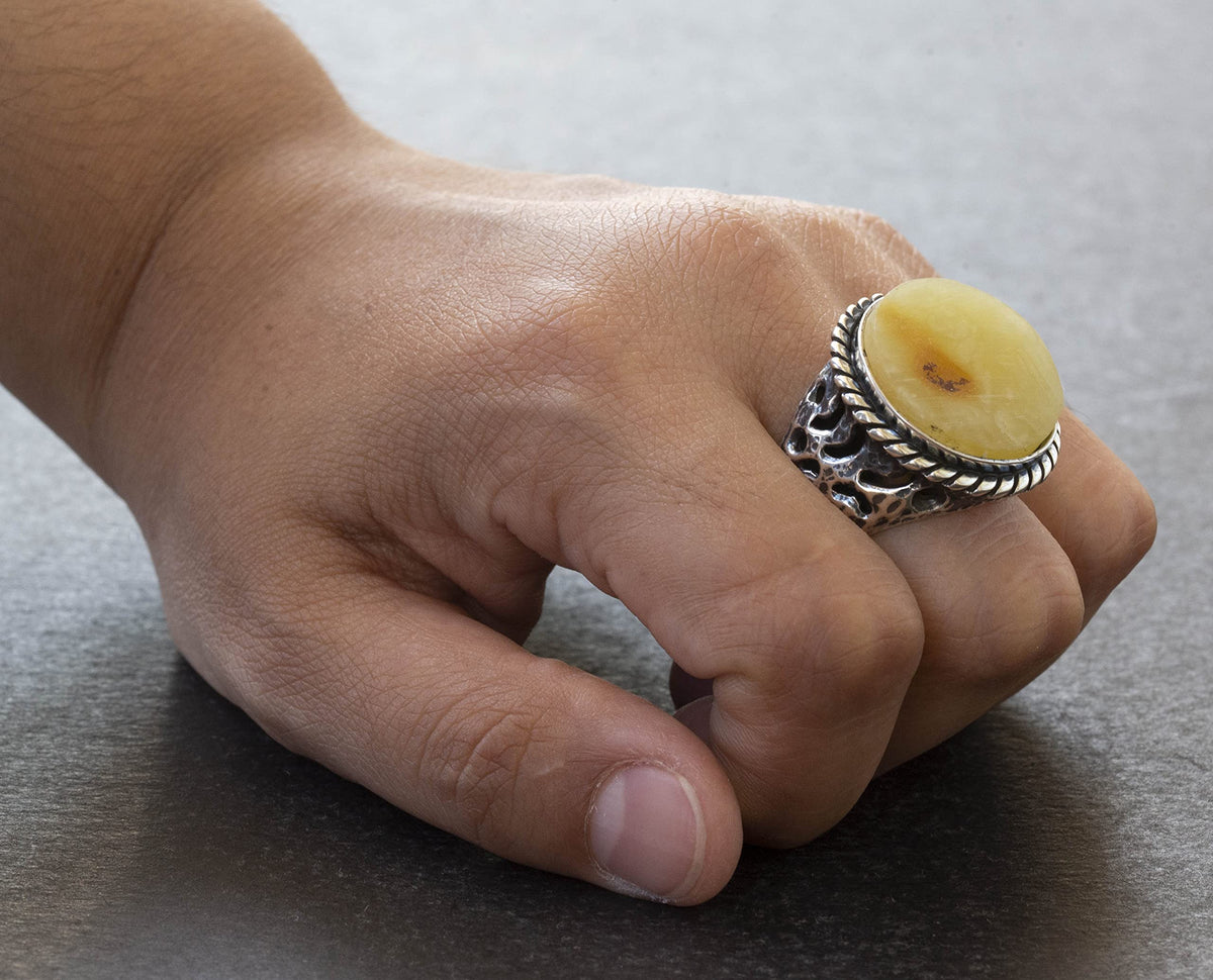 Natural Baltic Amber Stone Ring - 925 Sterling Silver Men's Ring — 7
