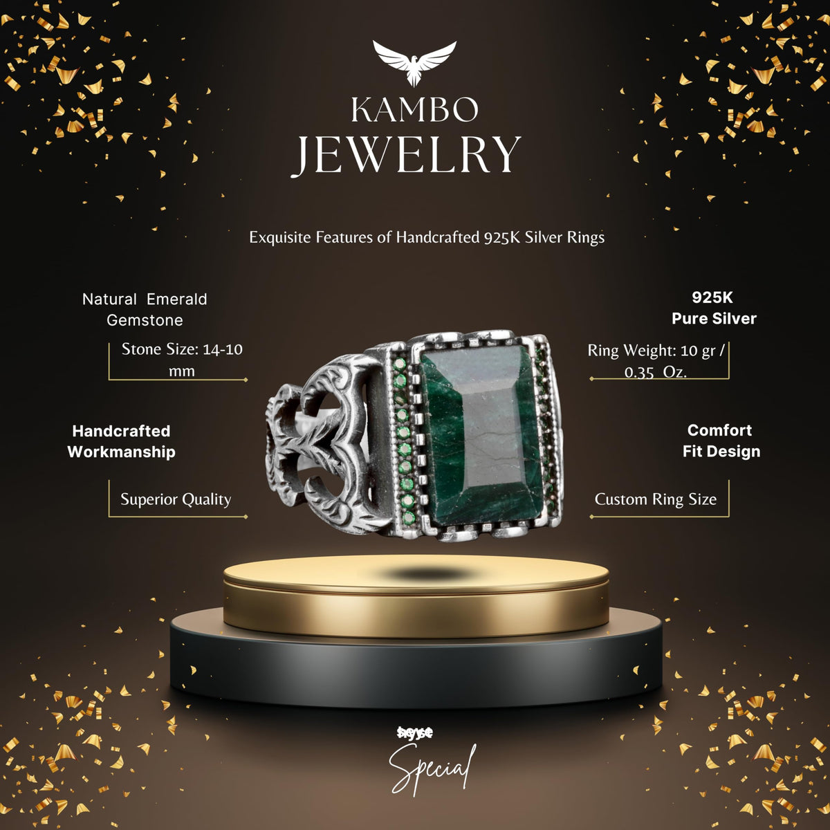 925 Sterling Silver Ring - Natural Emerald Stone — 2