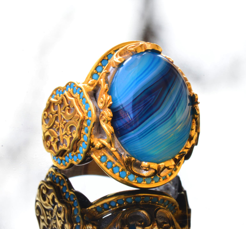 Natural Blue Agate Stone Ring – 925 Sterling Silver King Ring – Gold Plated — 3