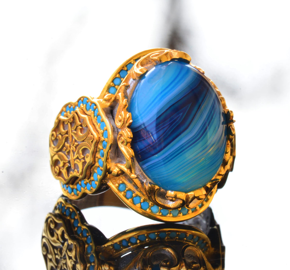 Natural Blue Agate Stone Ring – 925 Sterling Silver King Ring – Gold Plated — 3
