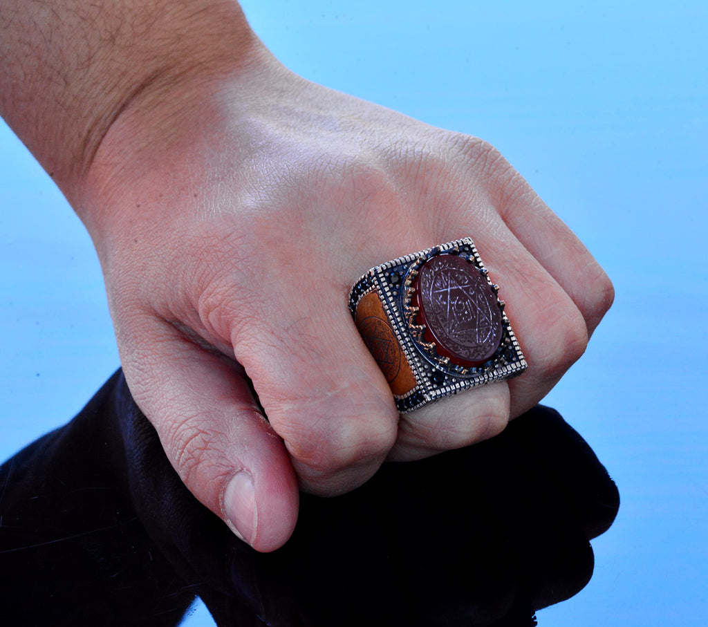 Handmade Natural Agate Stone Silver Men's Ring - Symbol of Strength and Protection (Red Agate) — 7