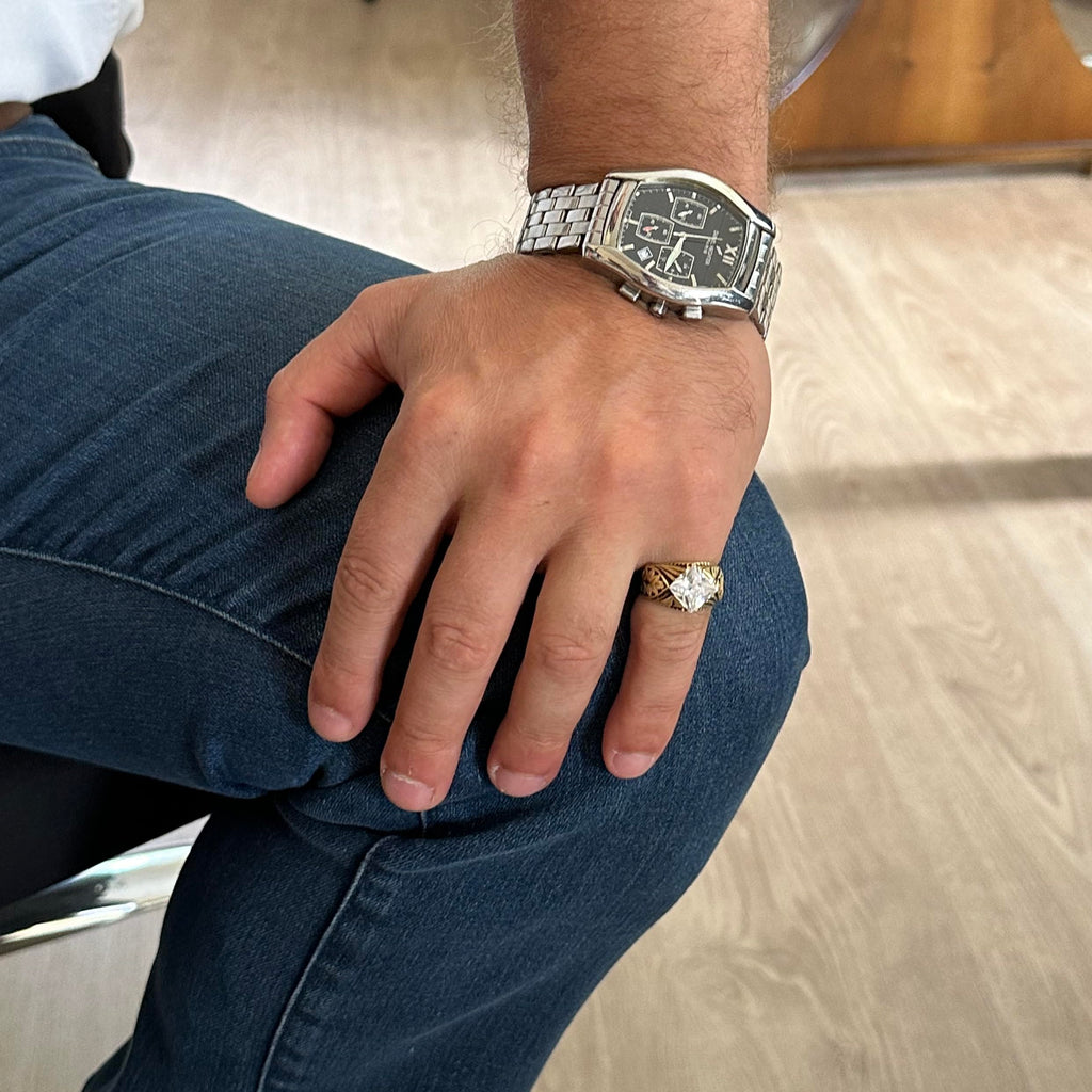 KAMBO Handmade 925 Sterling Silver Ring with Created Crystal Stone, Gold Plated Modern Unisex Statement Jewelry, Elegant