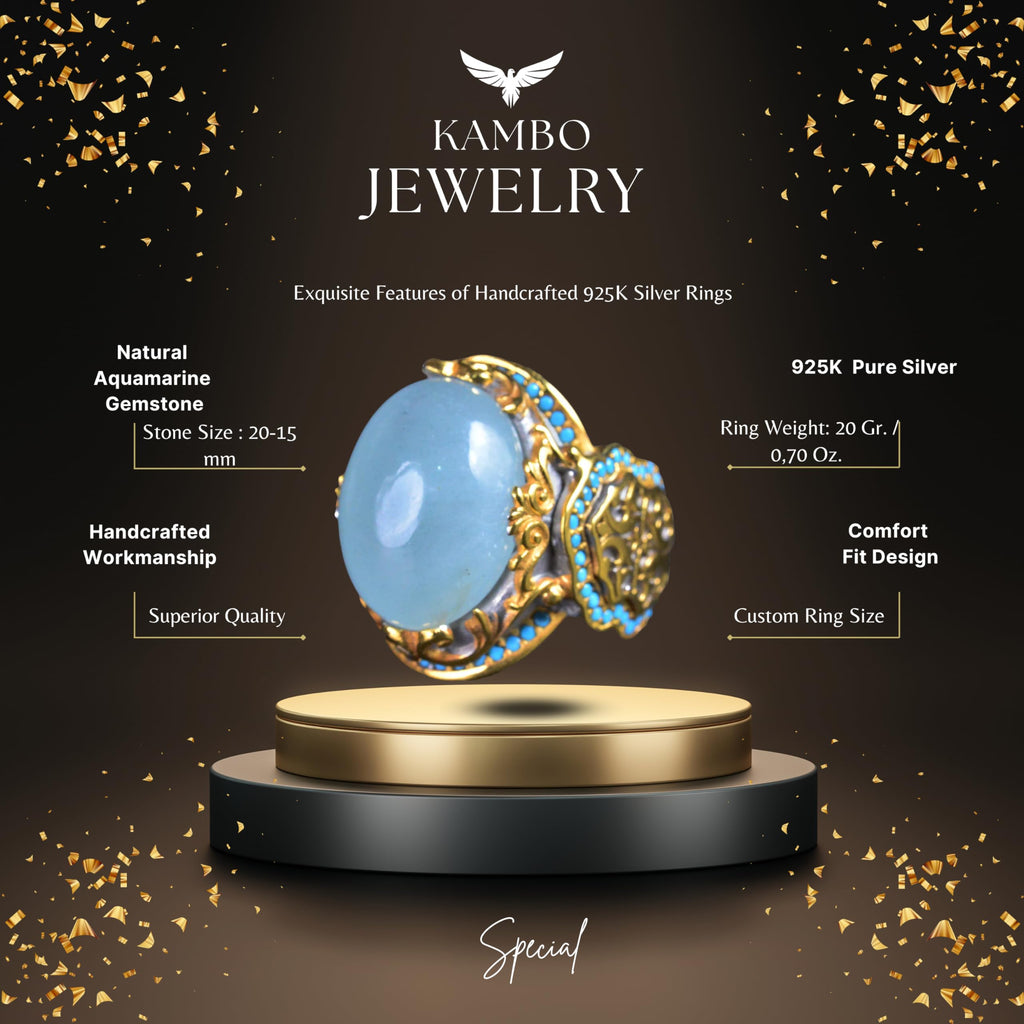Natural Aquamarine Gold Plated Ring - 925 Sterling Silver Handmade Men's Jewelry — 2