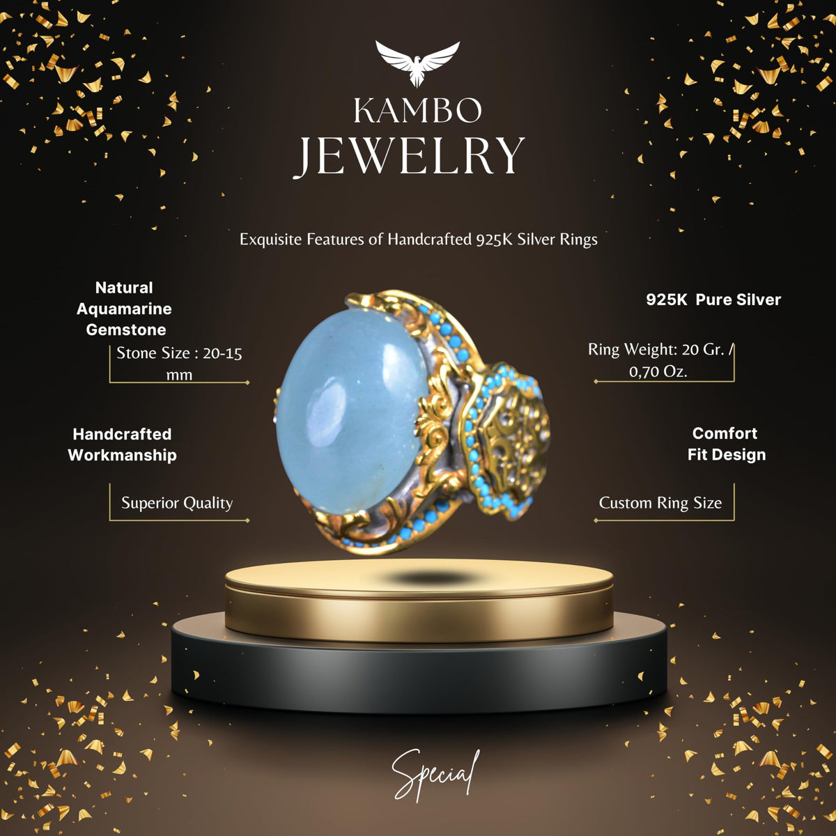 Natural Aquamarine Gold Plated Ring - 925 Sterling Silver Handmade Men's Jewelry — 2