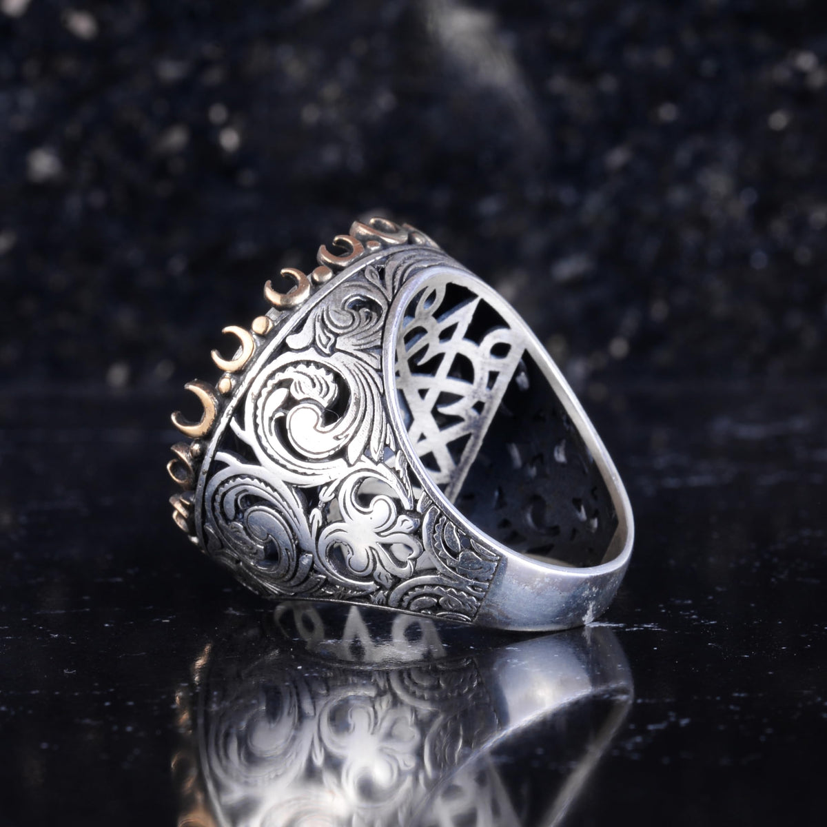 KAMBO Large Men's Ring – 925 Sterling Silver Handmade Ring – Round Ottoman Style Amulet Statement Ring – Vintage Artisan Men's Jewelry (Seal of Solomon Arabic) — 7