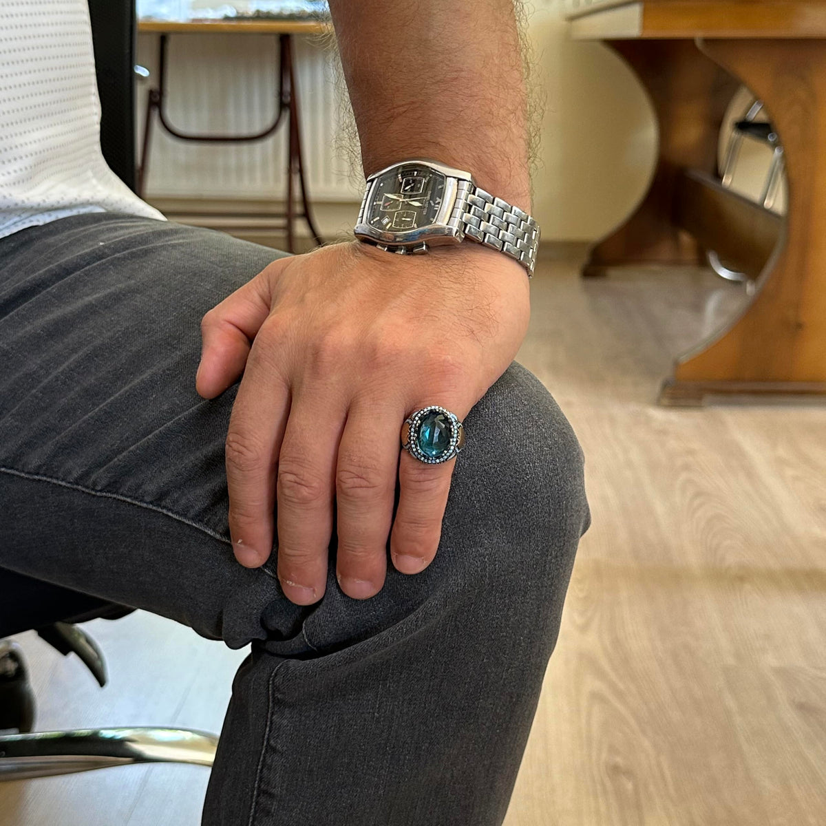 Aquamarine Glass Stone Ring - Handmade Men's Ring - Stylish 925 Sterling Silver Men's Ring — 3