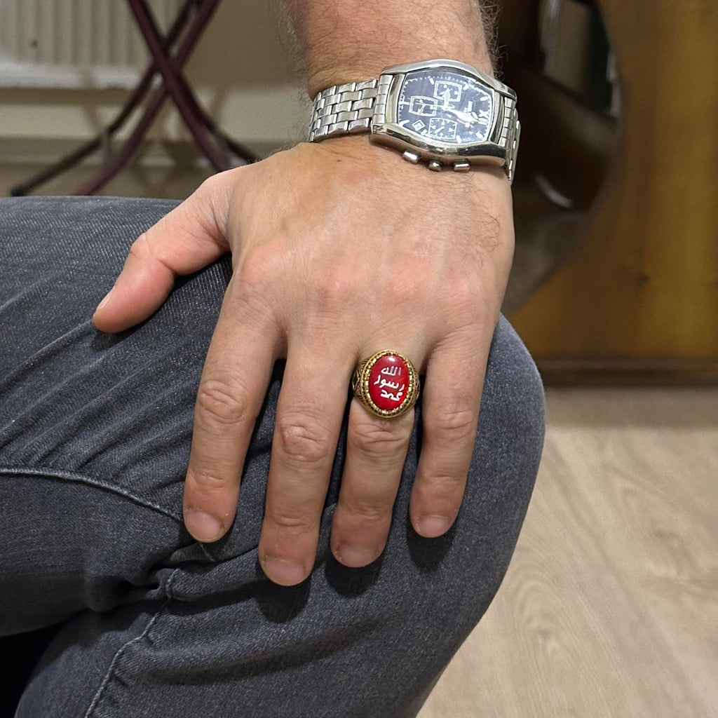 Men's Islamic Ring - 925 Sterling Silver Gold Plated Men's Ring (Red) — 3