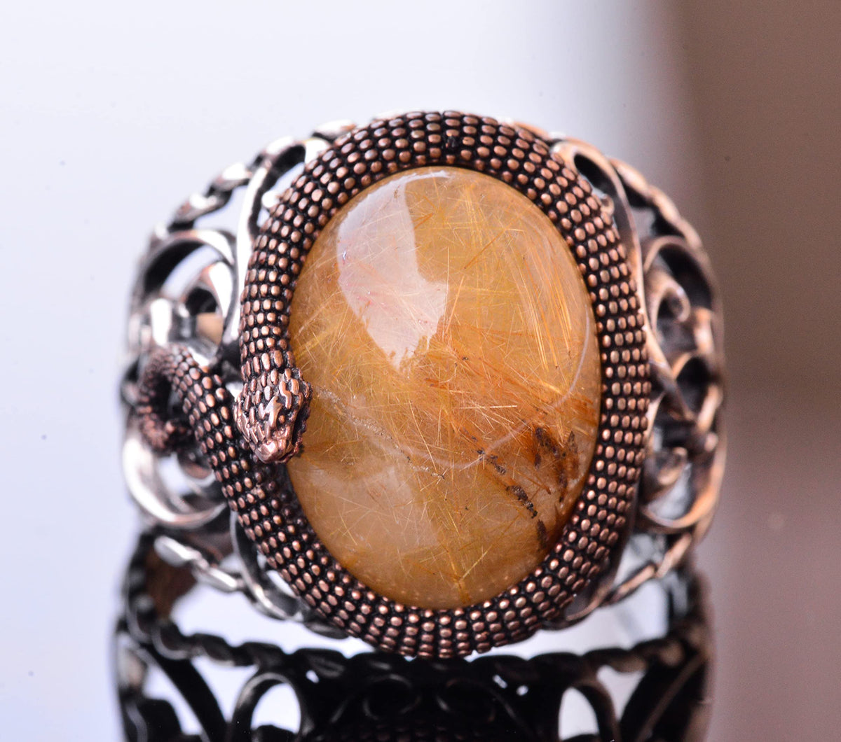 925 Sterling Silver Men's Ring - Gold Rutile Quartz Stone — 2