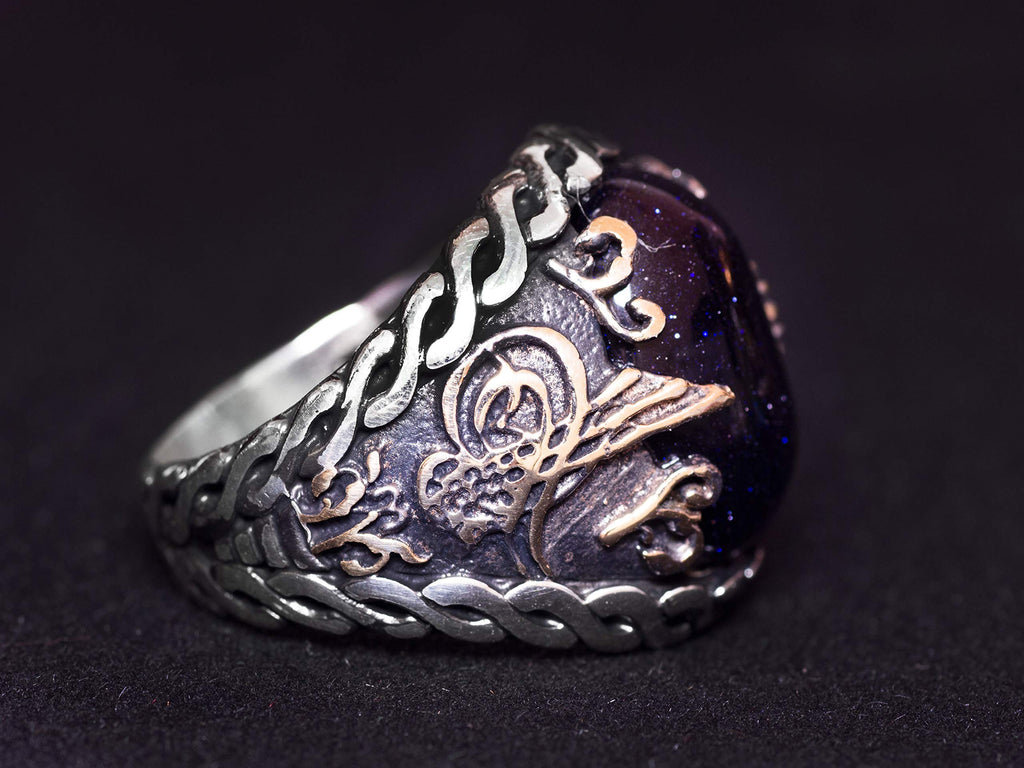 925 Sterling Silver Men's Ring - Night Star Blue Synthetic Stone - Elegant Handmade Jewelry - Ottoman Tughra — 4