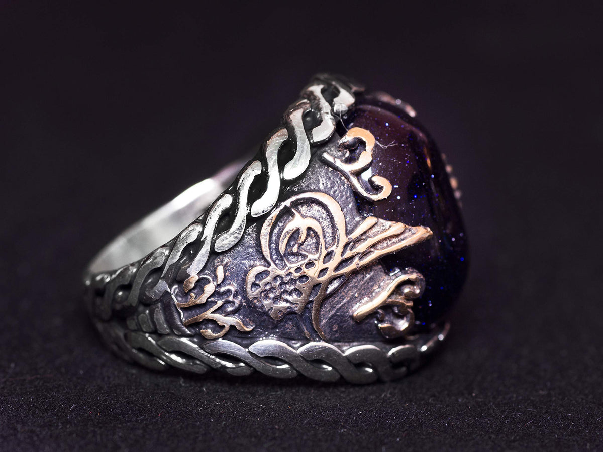 925 Sterling Silver Men's Ring - Night Star Blue Synthetic Stone - Elegant Handmade Jewelry - Ottoman Tughra — 4