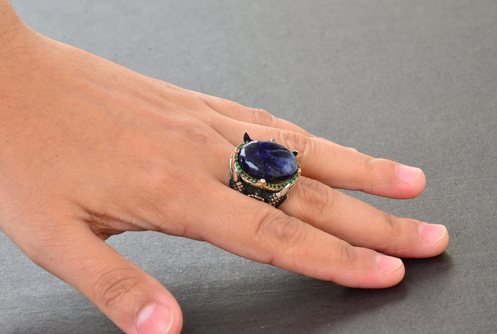 Natural Cabochon Sapphire Stone Men's Ring, 925 Sterling Silver Eagle Claw Design — 6