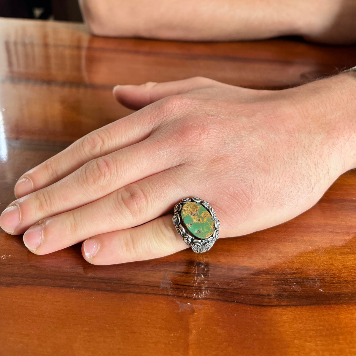 KAMBO 925 Sterling Silver Natural Stone Men's Ring – Handmade Floral Vintage Men's Statement Ring (Turquoise) — 3