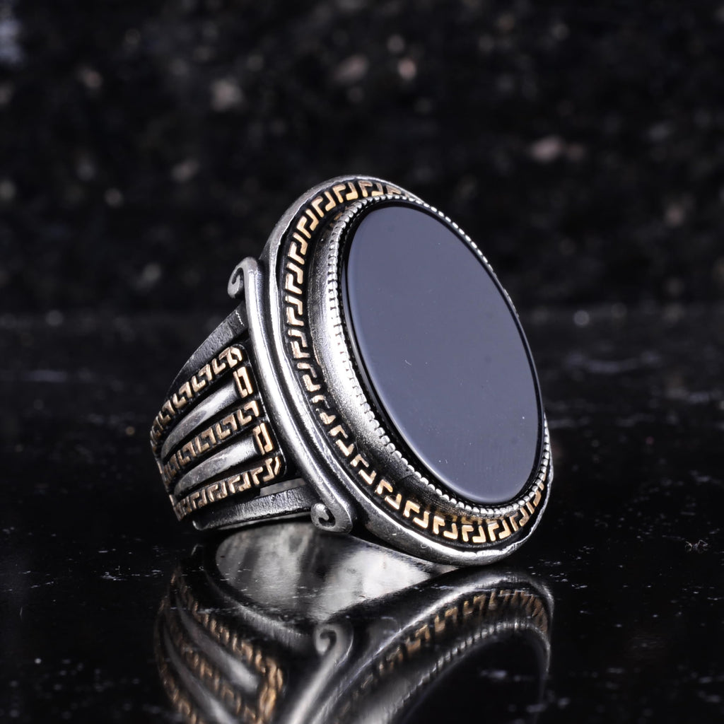 Men's Genuine Natural Stone Ring – 925 Sterling Silver Large Statement Ring – Handmade Vintage Design – Dark Silver Ring (Black Onyx) — 5