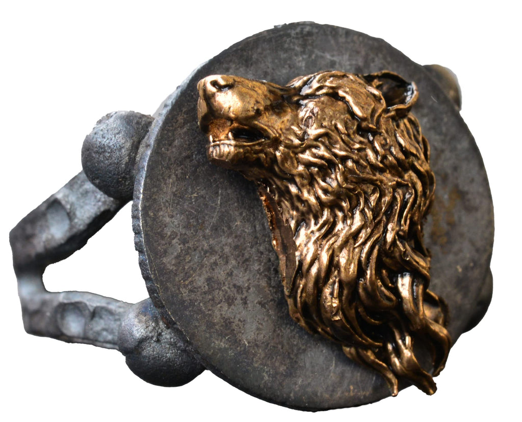 Wolf Bronze Piece Men's Statement Ring, Sterling Silver Ring For Men, Handmade Ring