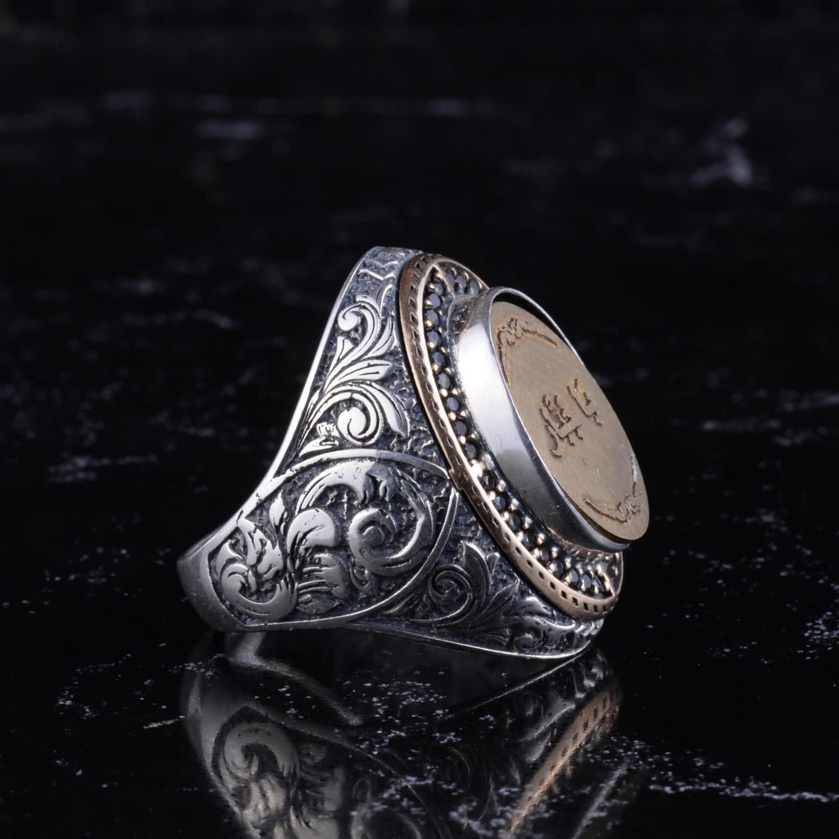KAMBO Symbol Large Men's Ring 925 Sterling Silver - Motif Statement Ring - Antique Inspirational Vintage Byzantine Engraved Men's Jewelry (Ya Jabbar Islamic) — 5