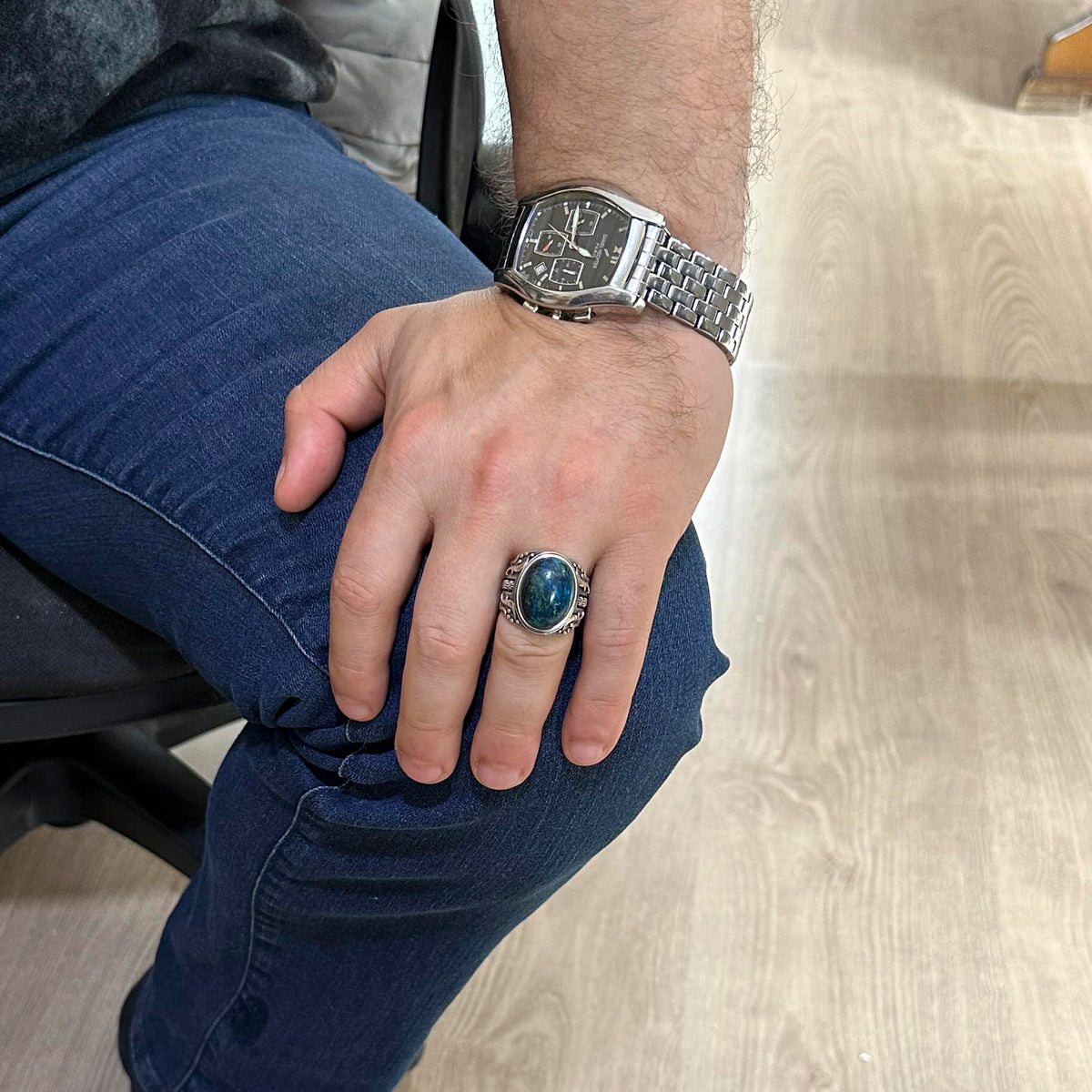 Silver Men's Ring, Natural Azurite Stone Ring, 925 Sterling Silver Ring, Insight and Clarity Design — 3