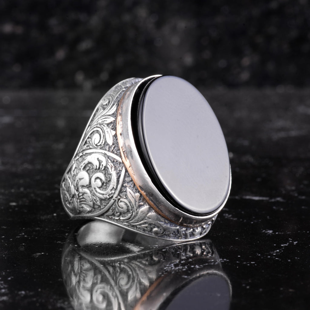 Natural Black Onyx Stone Large Men's Ring - Oval Onyx Stone Ring - 925 Sterling Silver Handmade Ottoman Floral Engraved Ring — 6