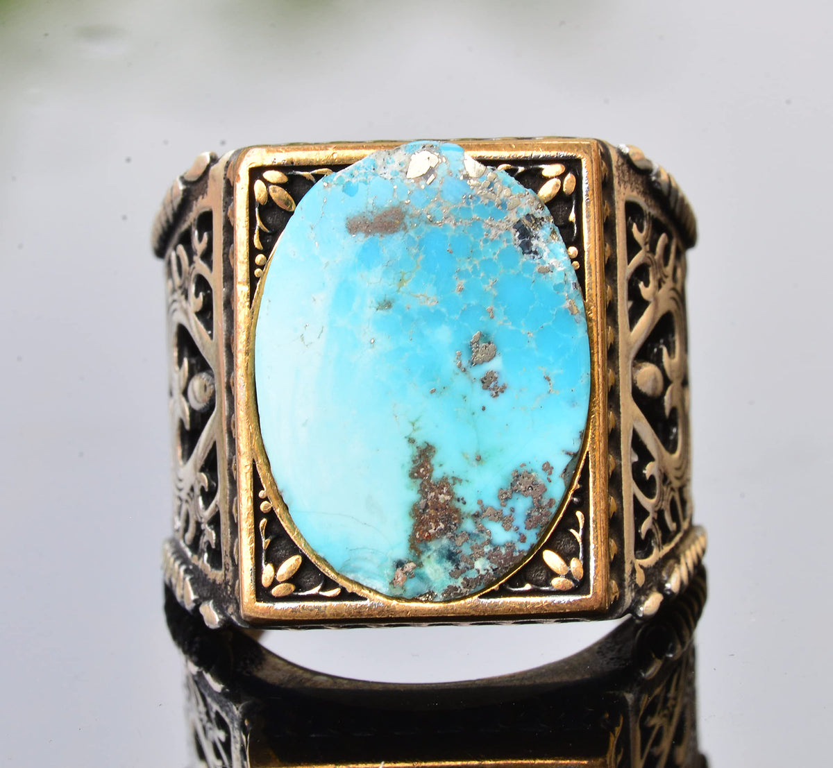 Natural Arizona Turquoise Stone Men's Ring - Silver — 5