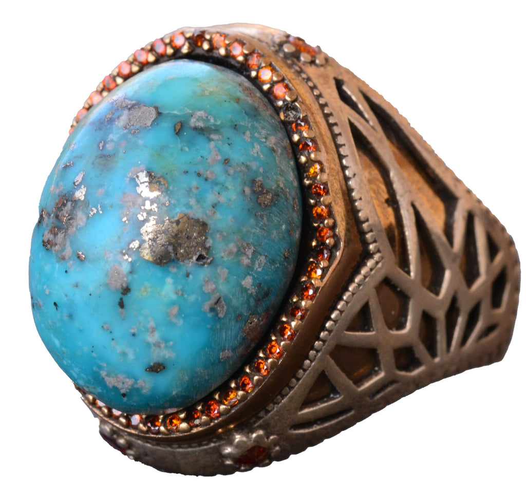 KAMBO Handmade Genuine Natural Arizona Turquoise 26.05 Carat Men's Minimalist Sultan Ring in 925 Sterling Silver, Vintag