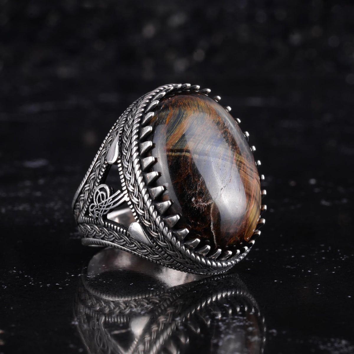 KAMBO Men's Natural Stone Ring – 925 Sterling Silver Large Statement Ring – Handmade Ottoman Pattern Jewelry (Cat's Eye) — 5