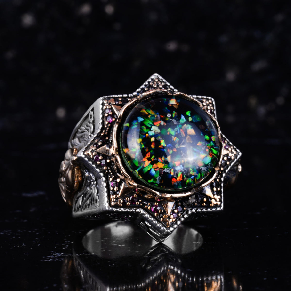 KAMBO Certified Design Opal Men's Ring – Star Shaped Design – Gold Plated Details 925 Sterling Silver Ring – Expressive Masonic Style — 5