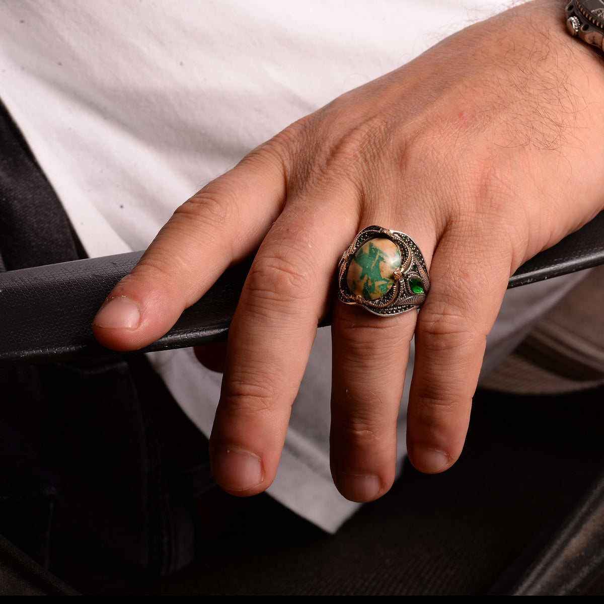 Natural Arizona Turquoise Stone Ring, 925 Sterling Silver, Handmade Sultan Ring — 3