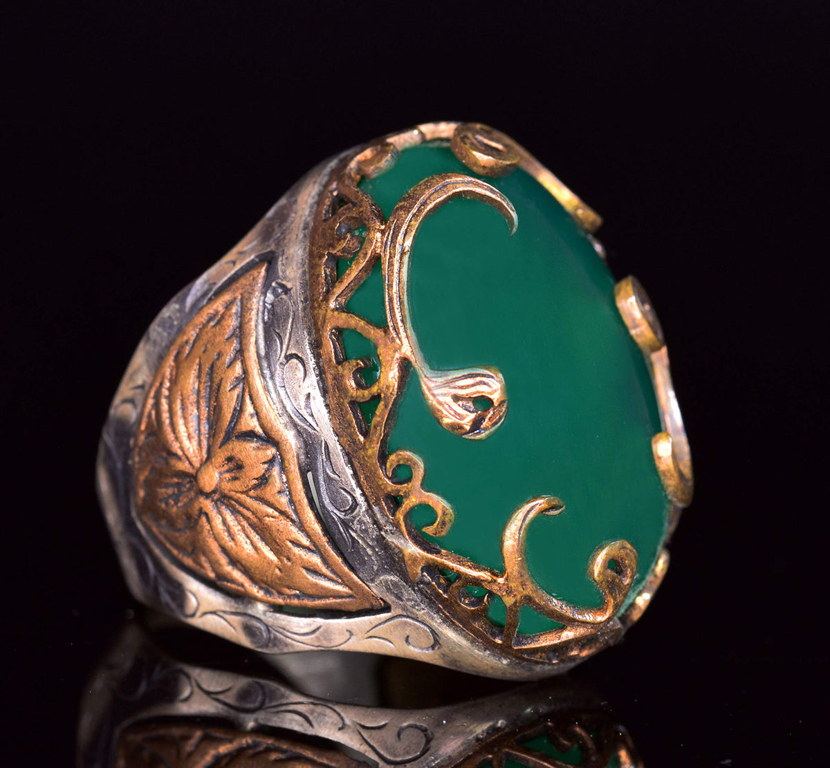 Handmade Silver Men's Ring | Natural Green Jade Stone | Harmony and Peace Design — 5