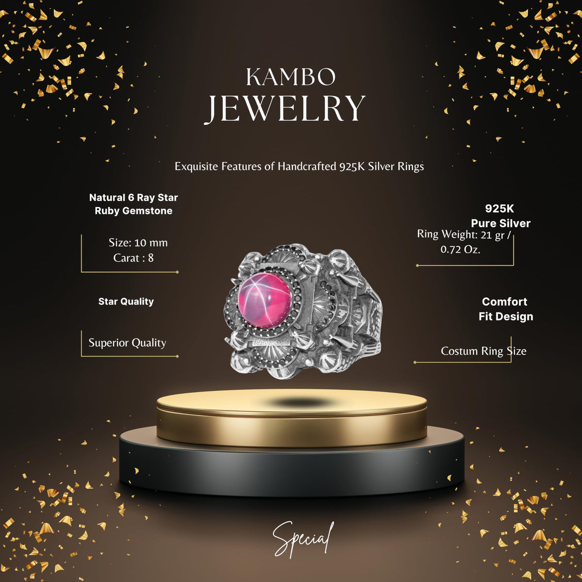 KAMBO Large Natural Stone Men's Ring 925 Sterling Silver – Handmade Statement Ring Inspired by Islamic Mosque (Star Ruby) — 2