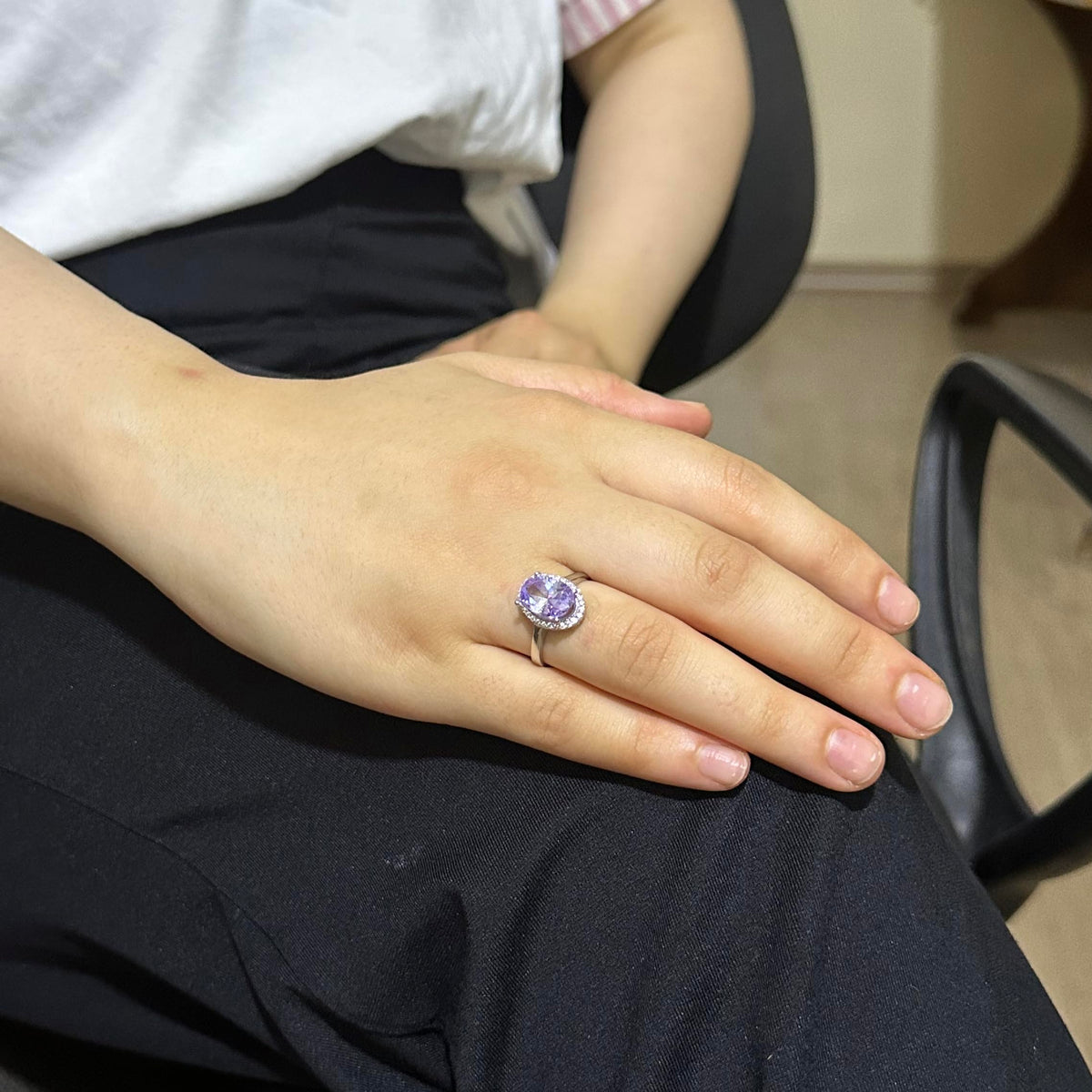 Kambo 925 Sterling Silver Women's Ring - Elegant Oval Cut Synthetic Amethyst Stone Handmade Ring — 3