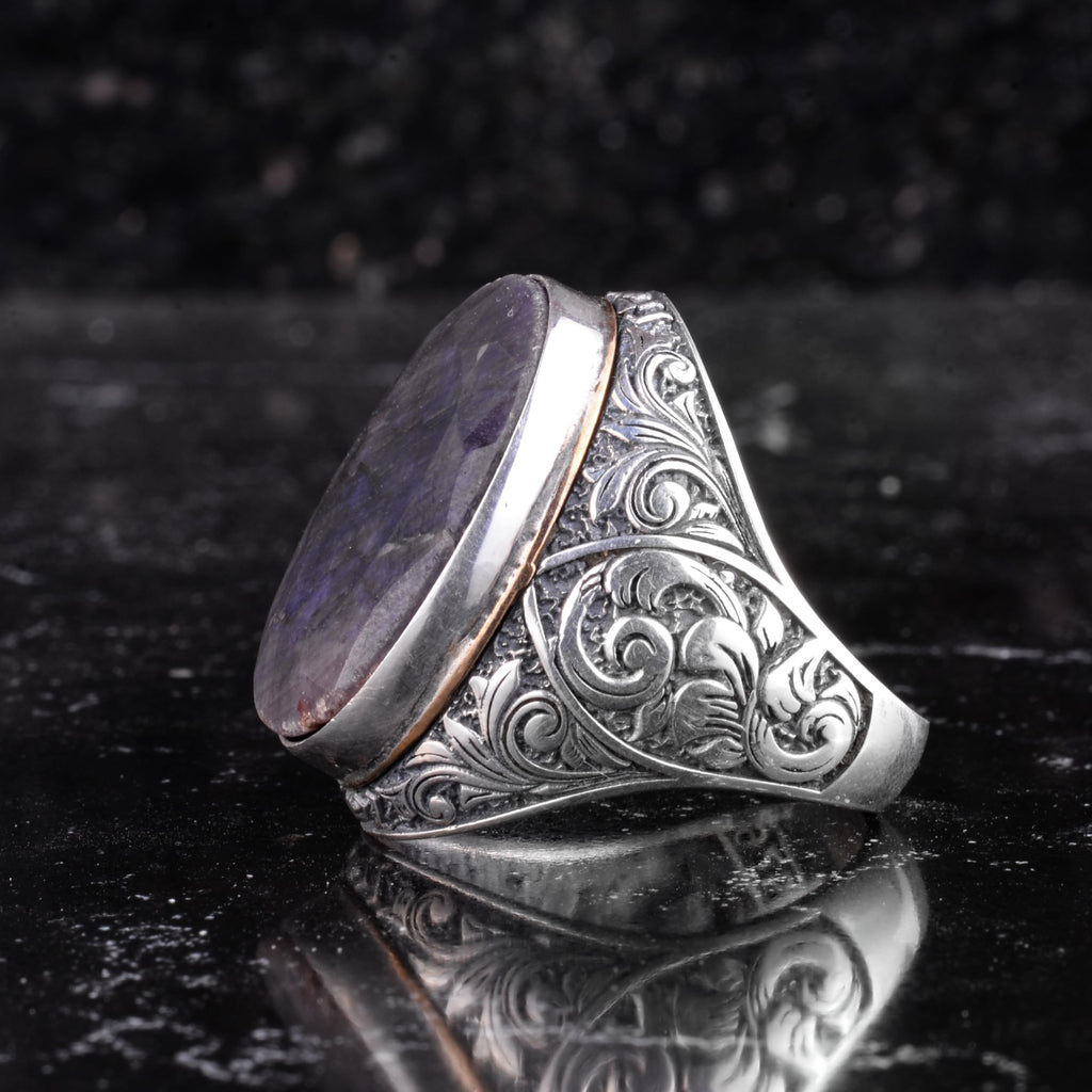KAMBO Natural Blue Sapphire Stone Large Ring for Men - Faceted Oval Vintage Engraved Statement Ring - 925 Sterling Silver Handmade Men's Jewelry — 4