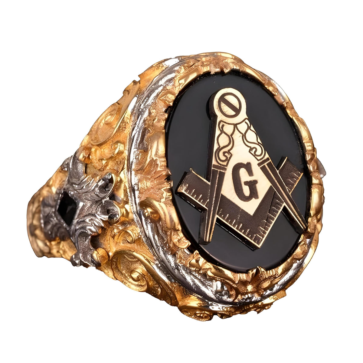 Master Mason Ring - 925 Sterling Silver, Gold Plated Black Obsidian, Mason Symbol Celtic Design Men's Jewelry