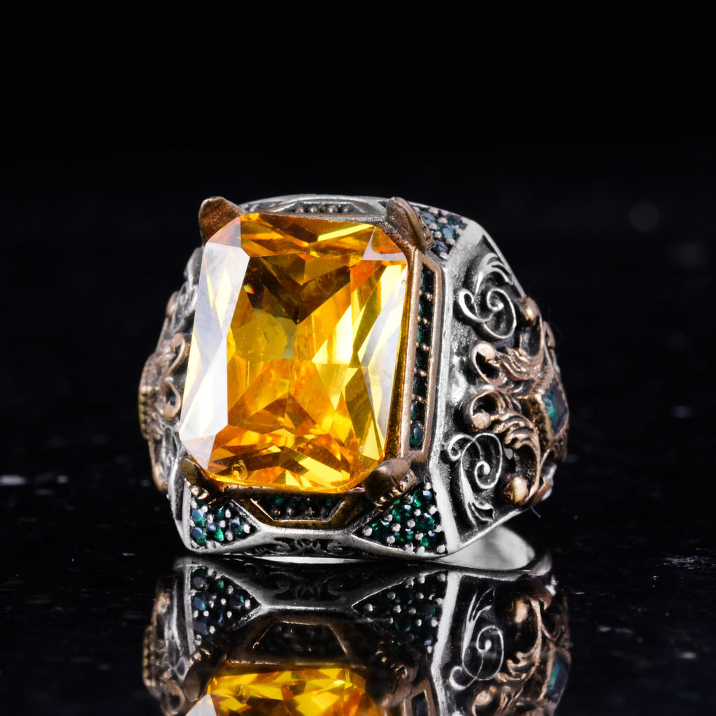 Silver Men's Ring - Artificial Citrine Stone - Vintage Design - Handmade Ring — 4