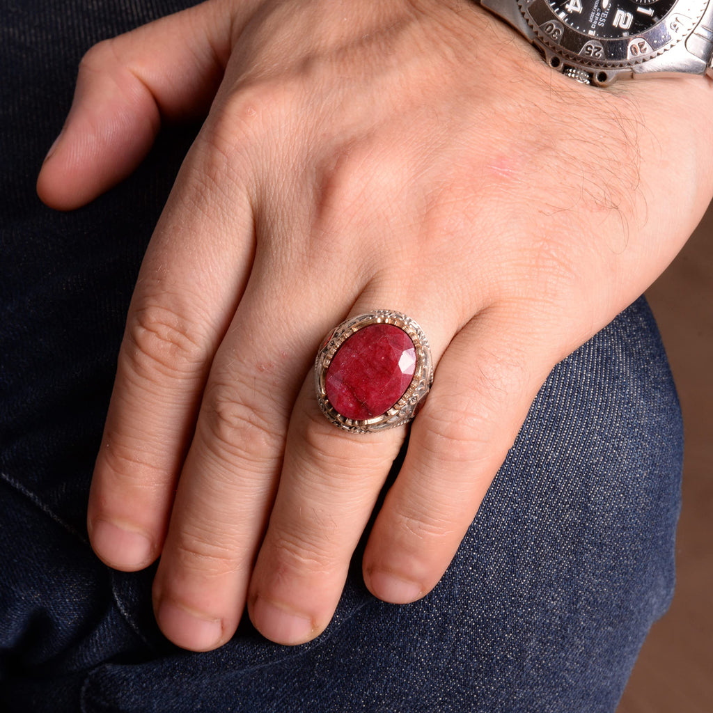 925 Sterling Silver Men's Ring, Natural Ruby Stone Ring — 6