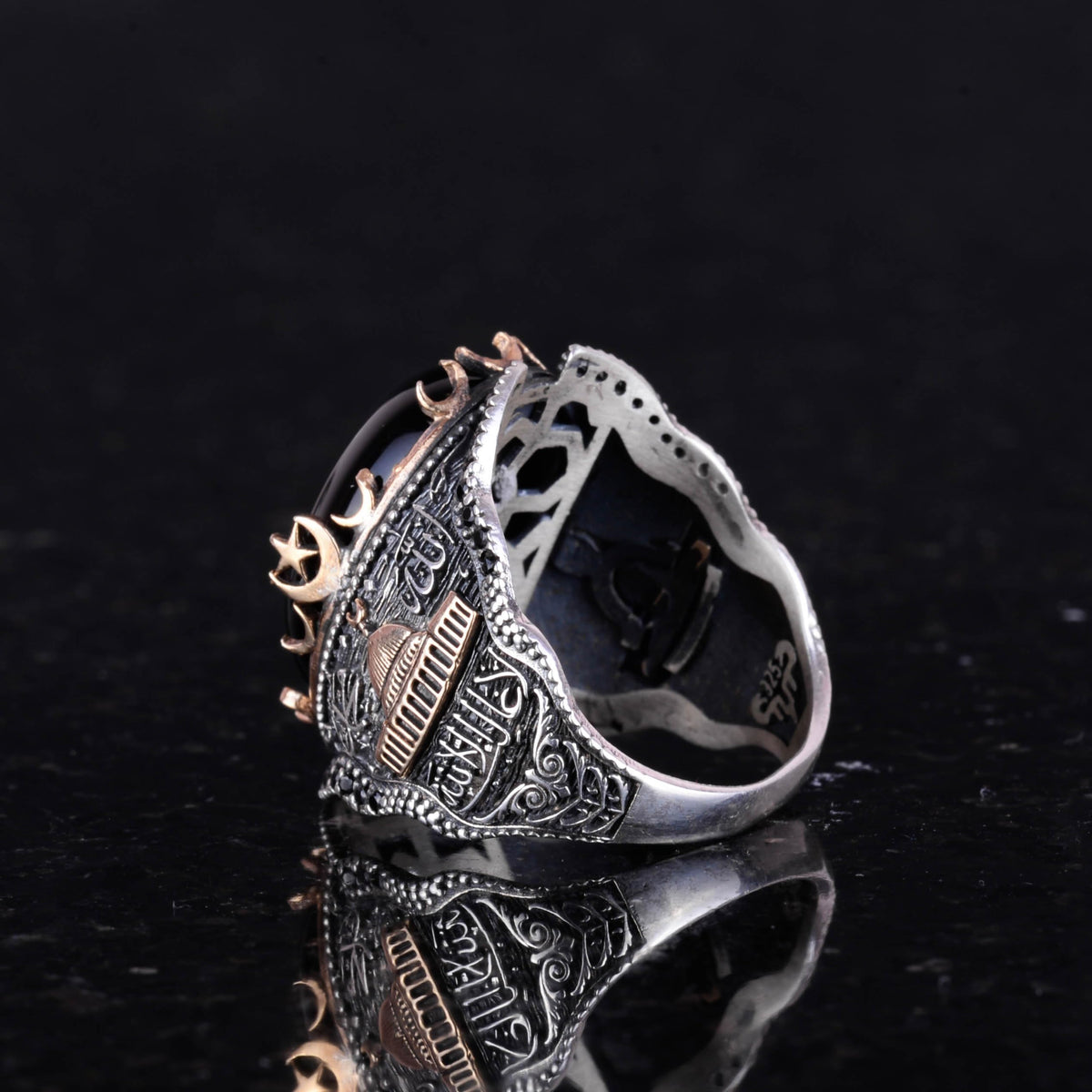 925 Sterling Silver Ring, Islamic Cabochon Onyx Stone Men's Ring — 5