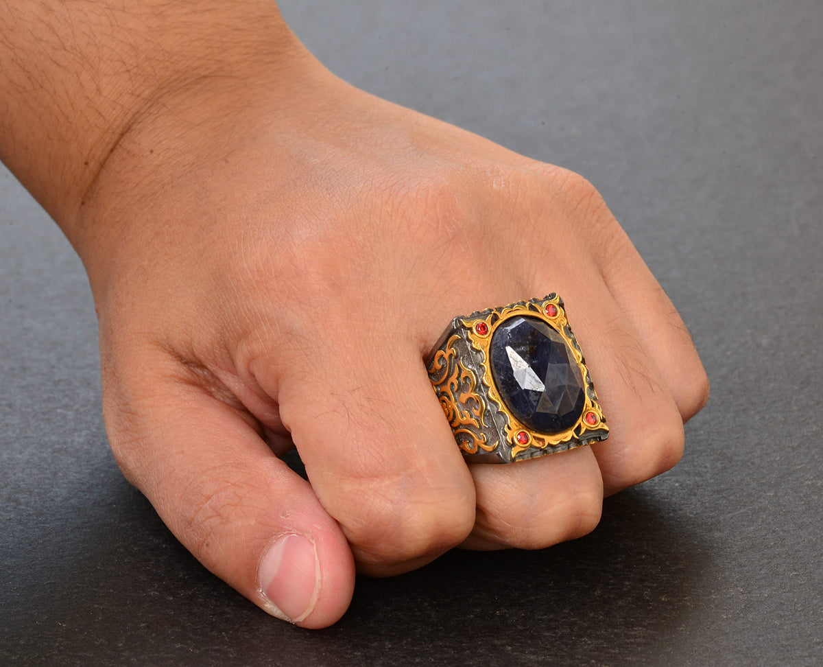 Men's Silver Sultan Ring - Natural Sapphire Stone — 7