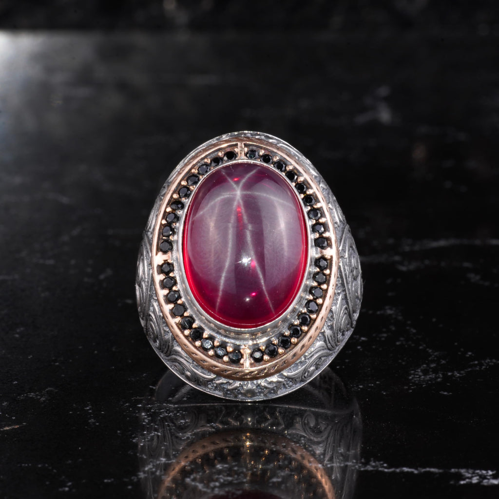 Men's Natural Stone Large Ring – Oval Stone Vintage Byzantine Engraved Statement Ring - Antique Filigree 925 Sterling Silver Jewelry (Star Ruby) — 4