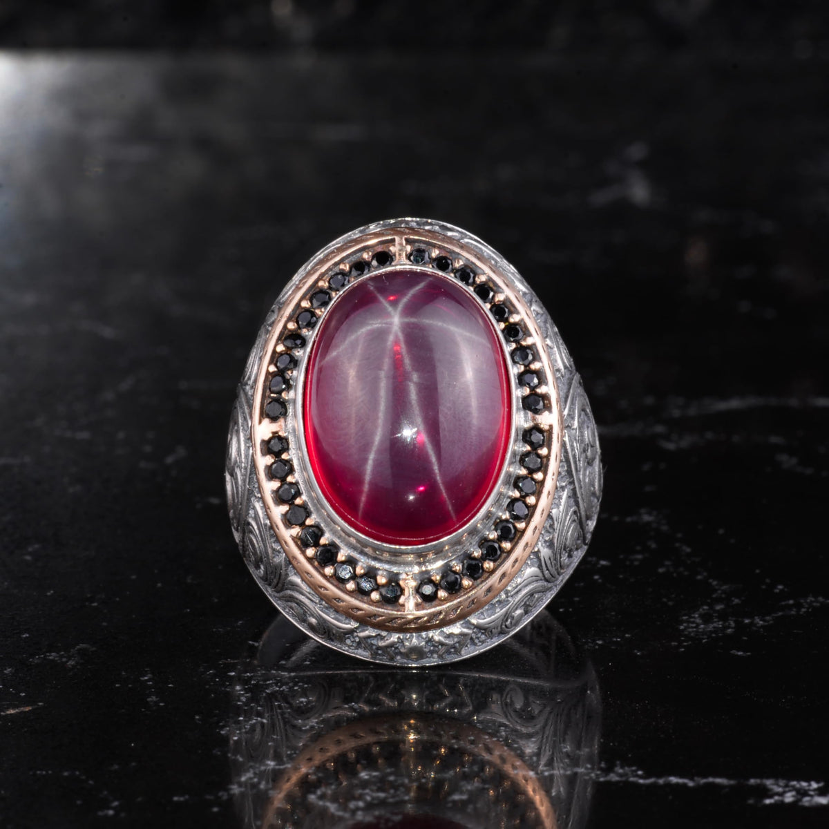 Men's Natural Stone Large Ring – Oval Stone Vintage Byzantine Engraved Statement Ring - Antique Filigree 925 Sterling Silver Jewelry (Star Ruby) — 4