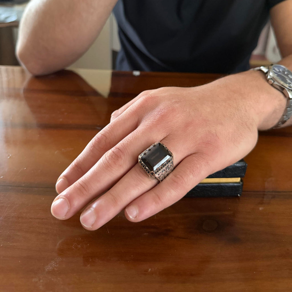 KAMBO Natural Stone Ring for Men 925 Sterling Silver - Rectangular Statement Ring Handmade Jewelry (Smoky Topaz) — 3
