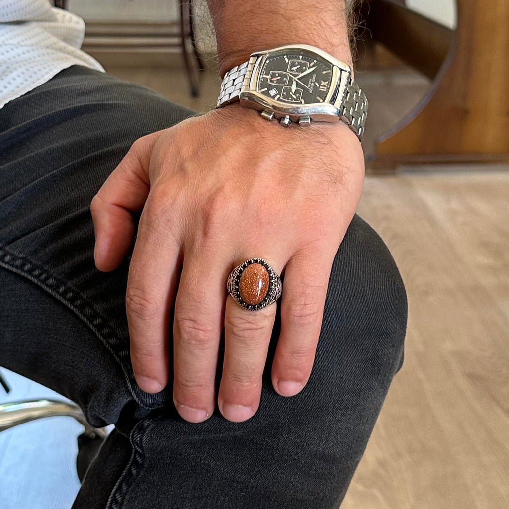 925 Sterling Silver Ring, Artificial Stone Ring, Hawk Symbol Ring, Handmade Ring (Brown Sunstone) — 3