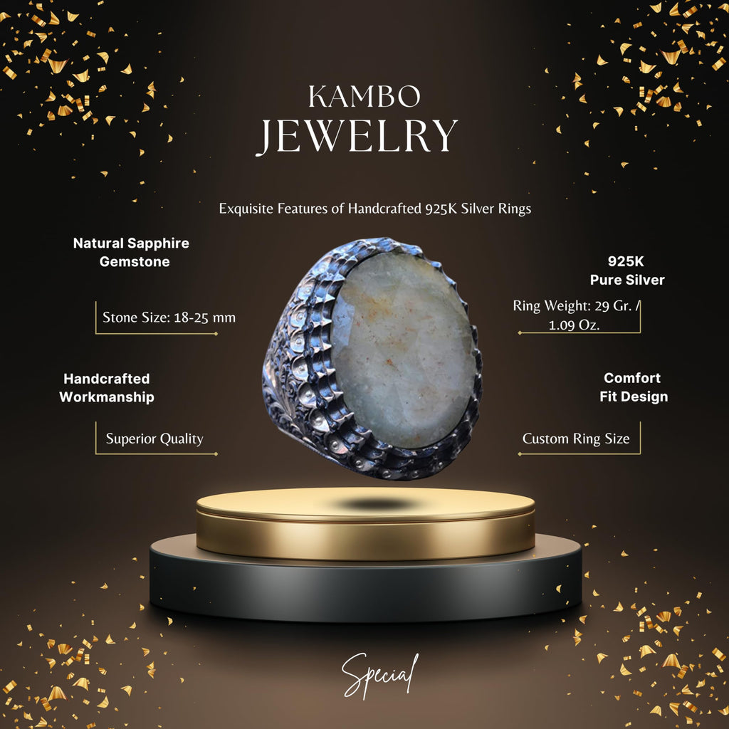Genuine Real Natural Sapphire Gemstone Ring, 925k Sterling Silver Big Men's Ring