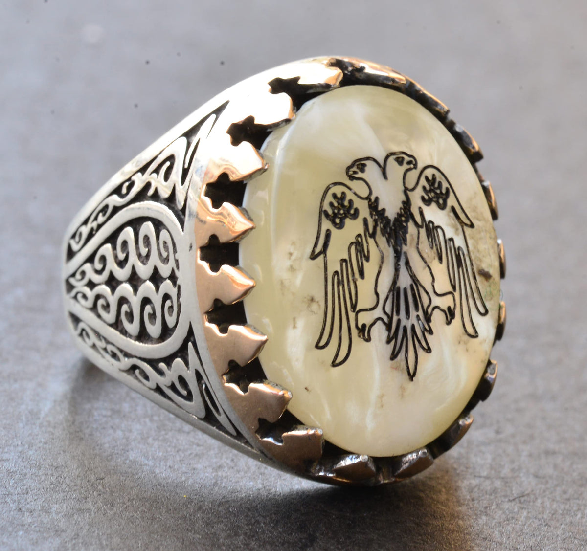 Silver Ring - Natural Pearl Stone and Double-Headed Eagle Design — 3