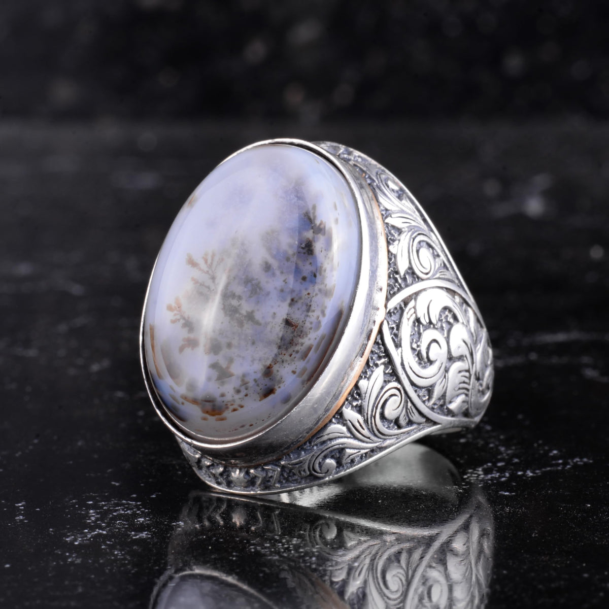 KAMBO Natural Yemen Agate Large Men's Ring - Dendritic Aqeeq Stone Ring - Oval Stone Vintage Floral Engraved Statement Ring - 925 Sterling Silver Handmade Men's Jewelry — 5