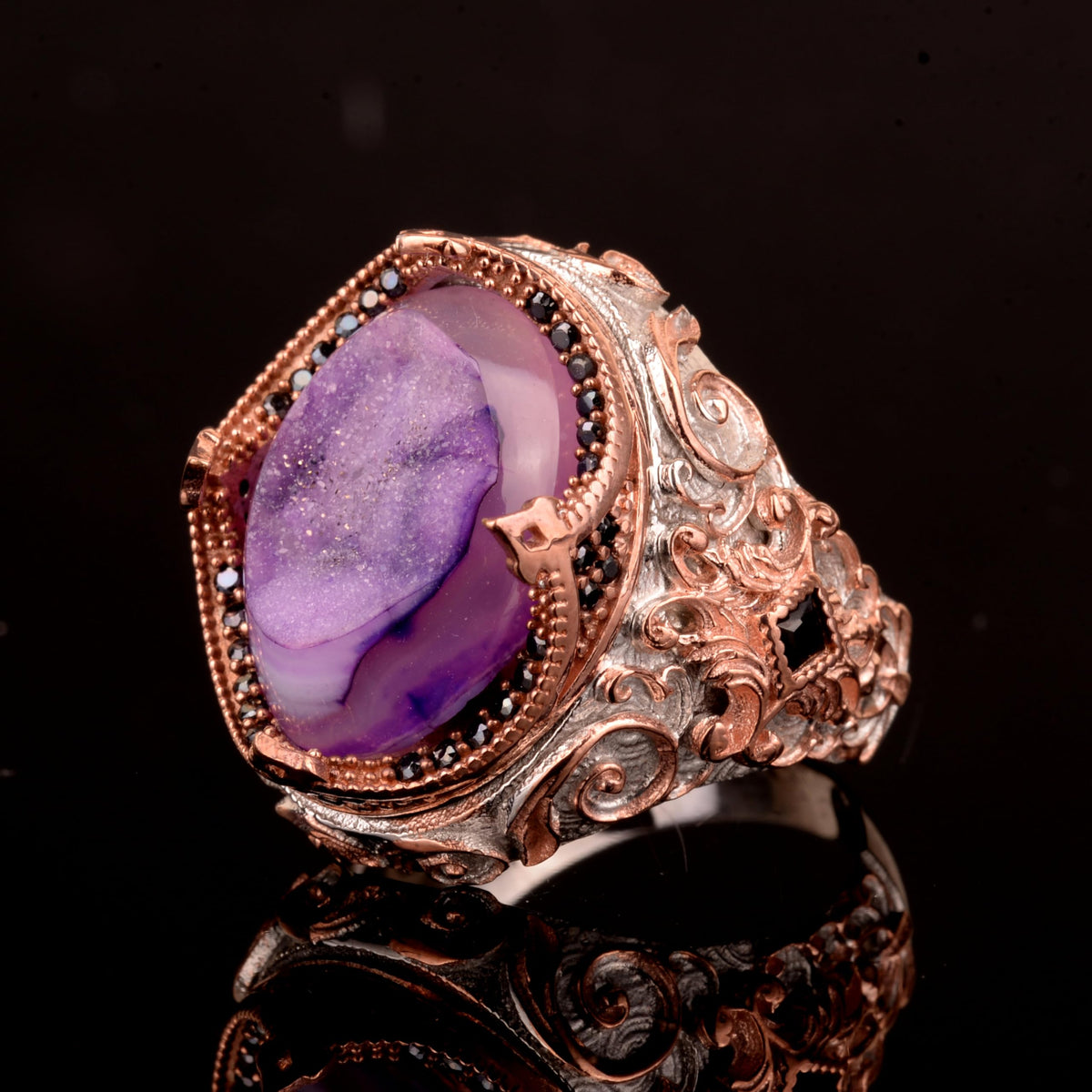 Natural Drusy Quartz Stone Ring - 925 Sterling Silver Men's Ring — 5