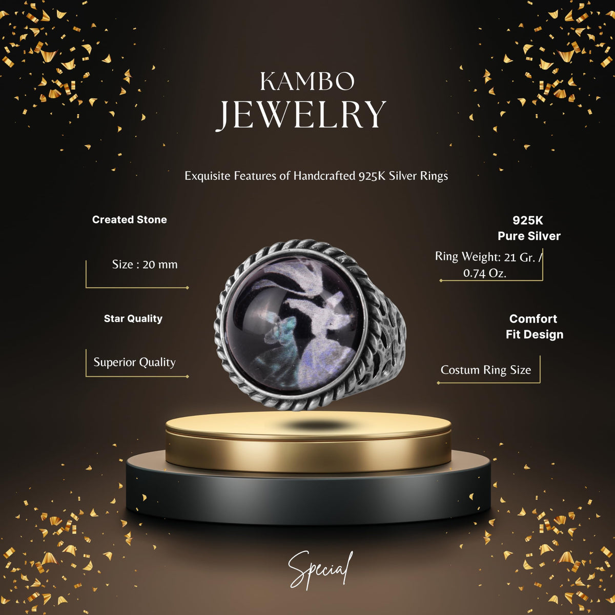 KAMBO Celestial Stone Men's Ring – Round Mystic Cabochon 925 Sterling Silver Handmade Statement Ring — 2