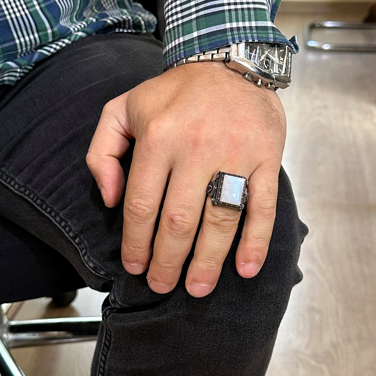 KAMBO Genuine Real Natural Stone Ring - 925K Moonstone Solid Silver Men's Ring - Modern Design — 3