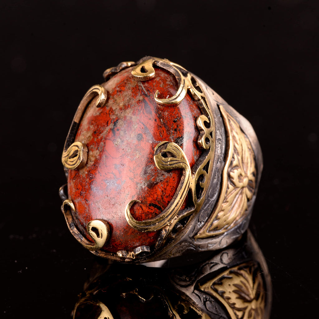 925 Sterling Silver Men's Ring - Natural Blood Stone Ottoman Effect Design — 4